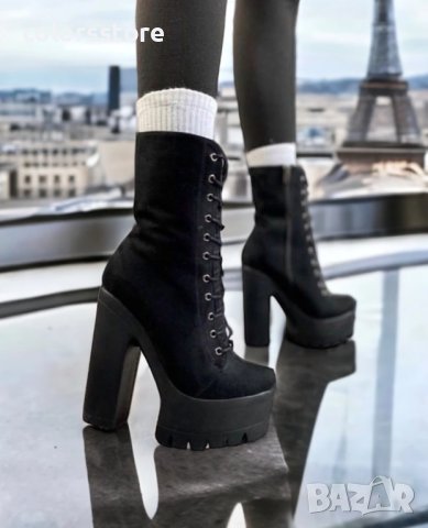 Боти на ток - черен велур с черно ходило - 592