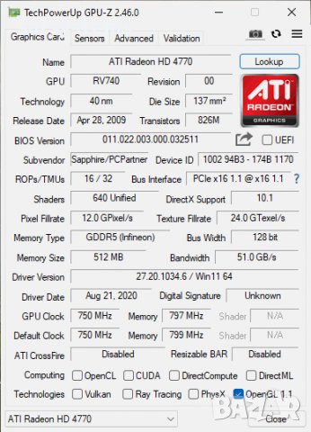 Видео карта ATi Radeon Sapphire HD 4770 512MB GDDR5 128bit PCI-E, снимка 9 - Видеокарти - 37258616