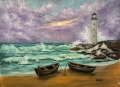 Морски пейзаж с фар и лодки маслена картина , снимка 1