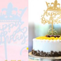 Happy Birthday с корона Златист син твърд Акрил топер за торта украса, снимка 1 - Други - 28538403