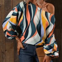 Дамска блуза с щампа и едно рамо с широк ръкав с балон, 7цвята - 023, снимка 7 - Блузи с дълъг ръкав и пуловери - 40171643