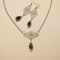 Разкошен Викториански комплект с Черни кристали и филигрирани орнаменти в цвят Сребро, снимка 10 - Бижутерийни комплекти - 28257261