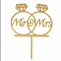 Mr Mrs в диамантени пръстени халки златен твърд Акрил топер украса табела за сватбена сватба торта, снимка 3 - Други - 28095627