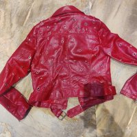 Червено кожено яке с капси , снимка 5 - Якета - 44141387