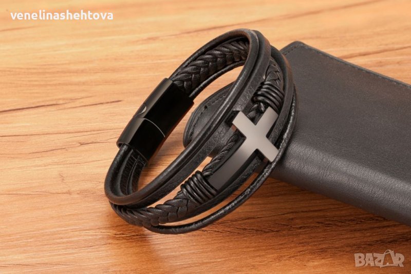 Луксозна мъжка гривна от естествена кожа с кръст кръстче, снимка 1