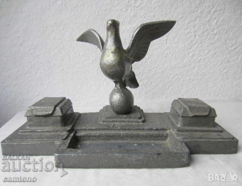 мастилници, стари, СТАРА БЪЛГАРСКА МАСИВНА МЕТАЛ МАСТИЛНИЦА, ГЪЛЪБ птица, пиле, барок, фигура антика, снимка 1