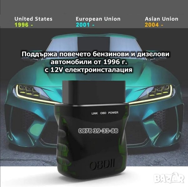 OBDII EOBD диагностичен скенер ELM327 V1.5 с Bluetooth 4.0 за IOS/Android/PC, снимка 1