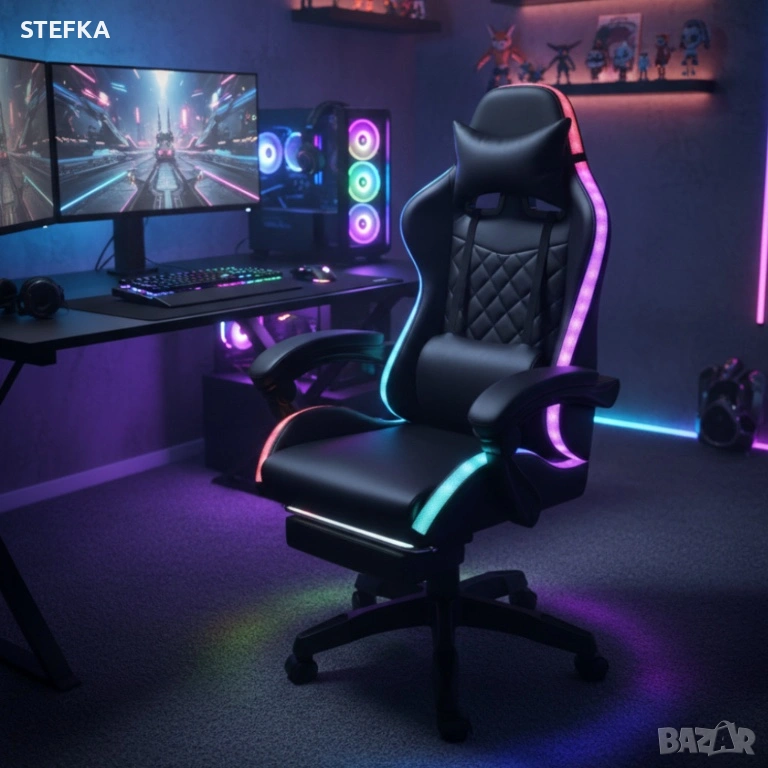 f Геймърски стол с регулируема височина, лумбална възглавница и метална основа, снимка 1