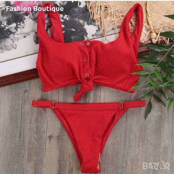 Червен рипсен бански с възел, снимка 1