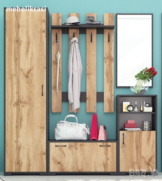 Модулно портманто Денвър Конфигурация 1 - гардероб, огледало, шкафчета, Дъб вотан / Антрацит, снимка 1