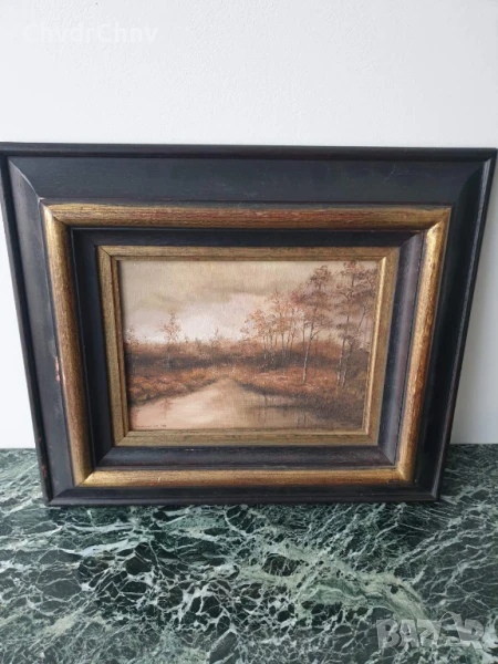 35х42см/малка картина масло върху платно/пейзаж-гора-езеро/масивна дървена рамка, снимка 1