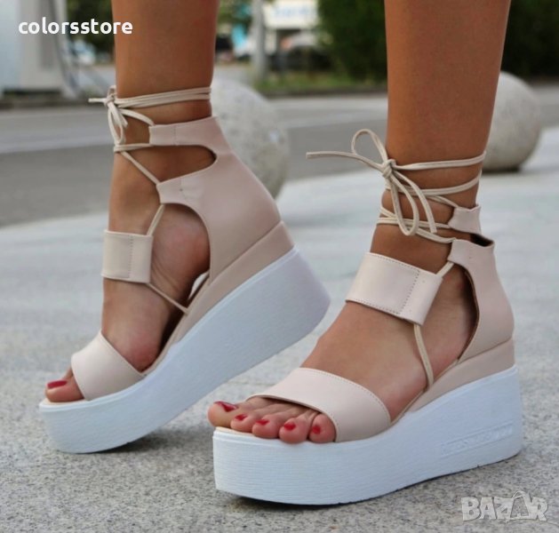 Сандали на платформа - бежова кожа с бяло ходило - 307, снимка 1