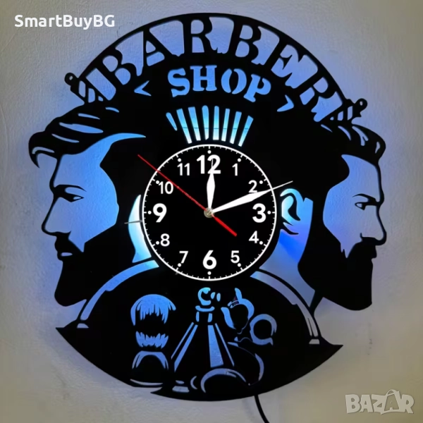 Дизайнерски стенен часовник от винил с неонова светлина – Барбър / Коледна декорация /Подарък за мъж, снимка 1