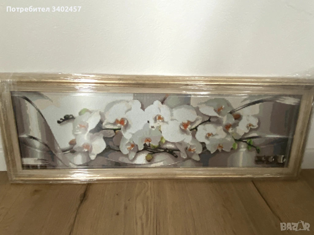 Гоблен с мъниста в рамка, 93 х 33 см, орхидеи, снимка 1