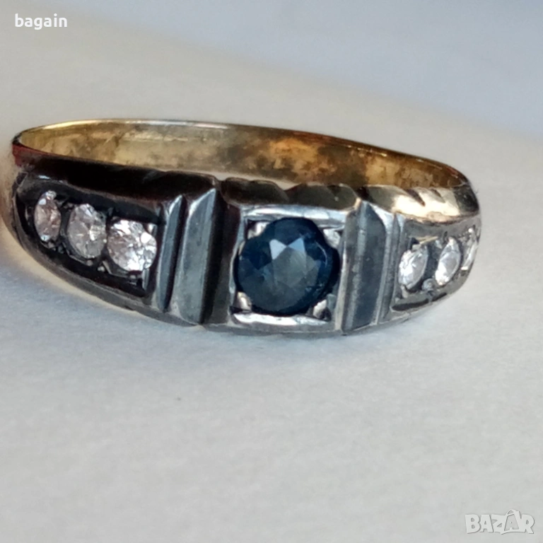 Сребърен пръстен с голям сапфир. Сребро с позлата., снимка 1