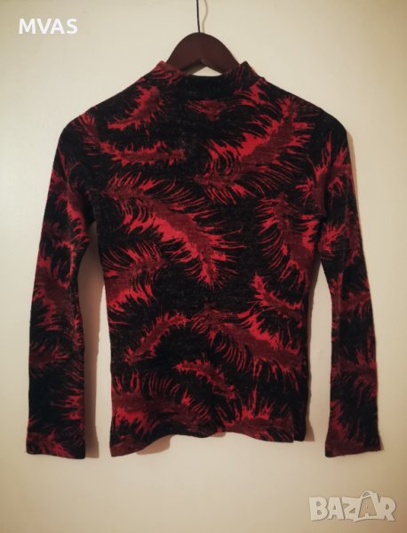 Дамски тънък пуловер блуза с дълъг ръкав черно червено XS-S , снимка 1