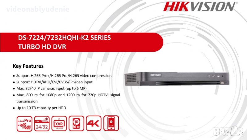 HIKVISION DS-7232HQHI-K2 32 Канален DVR за HD-TVI/AHD/CVI/IP 2MP 1920x1080/4MP Lite 1280x1440 800/48, снимка 1