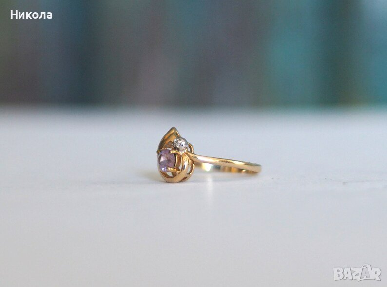 Стар златен пръстен - 10карата с  диамант и аметист, снимка 1