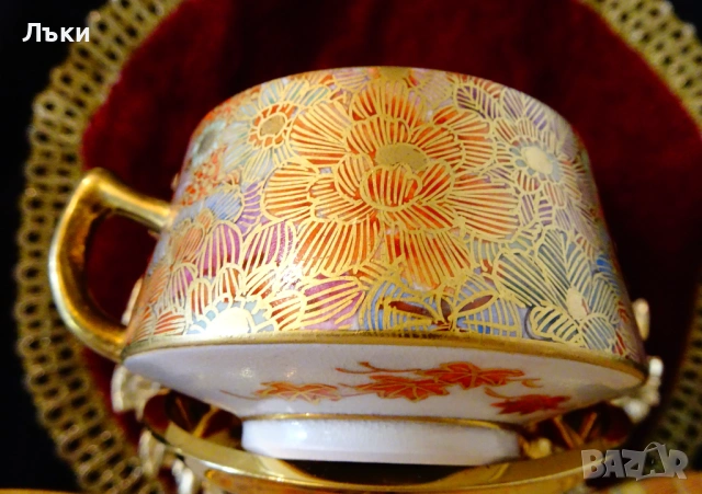 Чаша с чинии японски порцелан Satsuma Shosan Meiji,злато. , снимка 4 - Антикварни и старинни предмети - 53249715