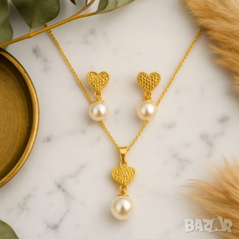 Модерен комплект бижута с перли и сърце, снимка 6 - Бижутерийни комплекти - 51926463