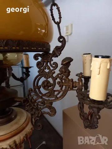 ретро полилей от месинг, порцелан и стъкло , снимка 3 - Полилеи - 48695606