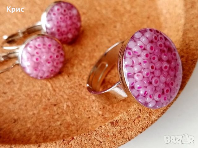 Комплект пръстен и обеци в нежно розово 