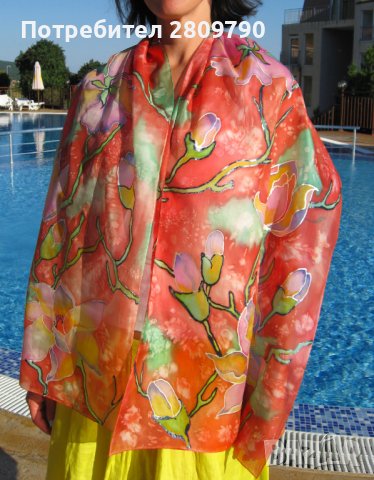 Ръчно изработен копринен шал с лотосови цветя като най-добър подарък, за да покажете вашата любов, снимка 5 - Шалове - 38570905