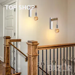 SENFAY индустриална ретро лампа с ключ и щепсел нощна лампа от дърво и метал е27, снимка 7 - Лампи за стена - 49093030