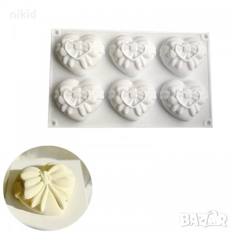 3D 6 сърца сърце панделка панделки подарък силиконов молд форма фондан гипс глина сапун шоколад мус, снимка 2 - Форми - 39746918
