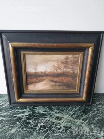 35х42см/малка картина масло върху платно/пейзаж-гора-езеро/масивна дървена рамка