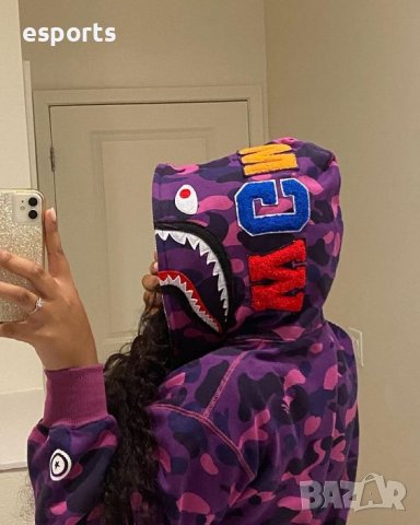 Унисекс суичър суетшърт BAPE A Bathing Ape Purple Shark Camo M L XL лилав, снимка 5 - Суичъри - 36906869