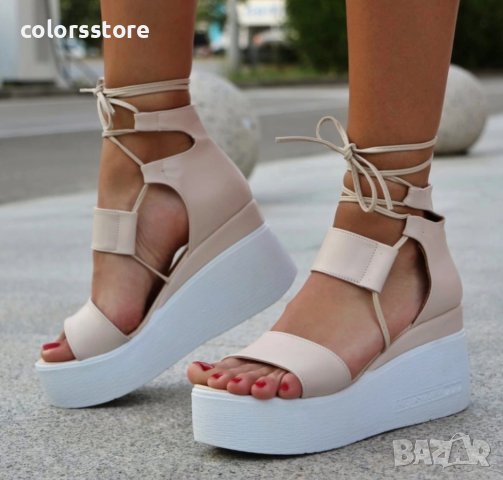 Сандали на платформа - бежова кожа с бяло ходило - 307
