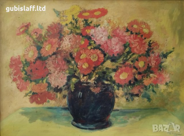 Картина, Ваза с цветя, худ. Илия Чутурков, 1980 г., снимка 2 - Картини - 43299998
