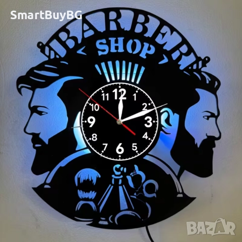 Дизайнерски стенен часовник от винил с неонова светлина – Барбър / Коледна декорация /Подарък за мъж