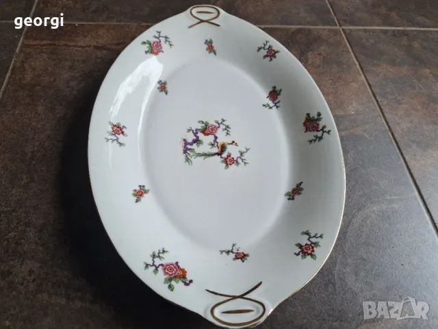 голямо елипсовидно порцеланово плато с цветя и райски птици  Limoges 8/5, снимка 3 - Сервизи - 49939077