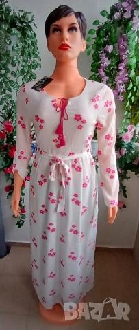 Бяла дълга кенарена рокля с розови цветя., снимка 2 - Рокли - 46877640