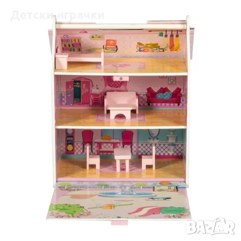 Двуетажна дървена къща за кукли с мебели, снимка 5 - Кукли - 49767352