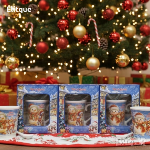 Празничен комплект за топли напитки – Керамична чаша и лъжичка в коледна опаковка, снимка 4 - Декорация за дома - 52575609