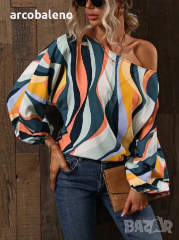 Дамска блуза с щампа и едно рамо с широк ръкав с балон, 7цвята - 023, снимка 7 - Блузи с дълъг ръкав и пуловери - 40171643