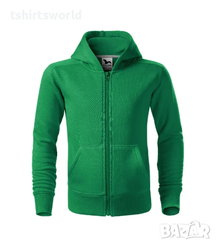 Нов детски суичър с ЦИП и качулка в зелен цвят