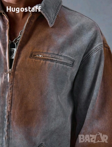 Ново мъжко дънково яке риза с цип спрей деним памук ХЛ, снимка 7 - Якета - 52476730
