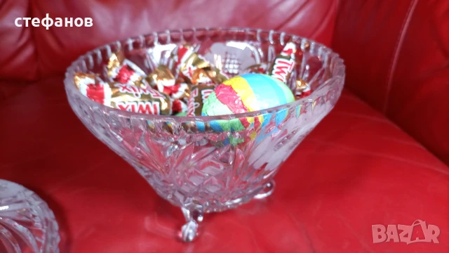 Масивна кристална бонбониера с капак, крачета, снимка 9 - Прибори за хранене, готвене и сервиране - 50983608