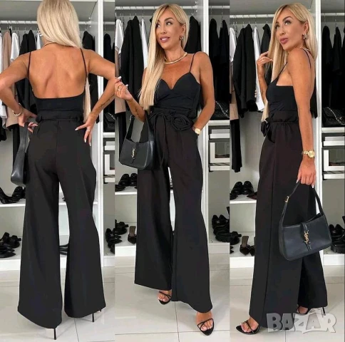 Дамски елегантен панталон с роза в Черно и Сиво, снимка 6 - Панталони - 50770517