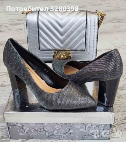 Атрактивни дамски обувки в сребристо на стабилен ток, снимка 2 - Дамски обувки на ток - 36510948
