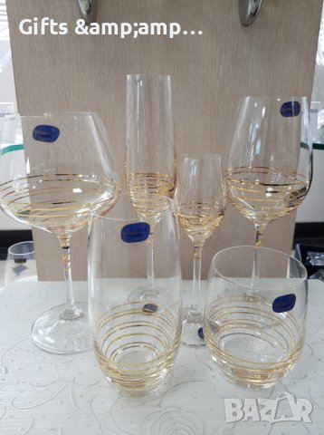 Комплект от 6 чаши кристалин BOHEMIA със златна нишка, снимка 1 - Чаши - 43049550