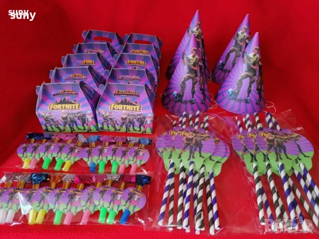 Парти артикули Fortnite, покривка, балони, сламки, свирки,шапки,кутийка за лакомства,