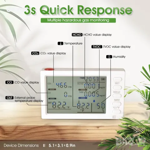 Kethvoz 8 в 1 Монитор за качество на въздуха на закрито с външна сонда, снимка 3 - Други стоки за дома - 49269587