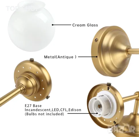 JIMUBEAM индустриална винтидж стенна лампа, бял стъклен глобус, снимка 5 - Лампи за стена - 49511635