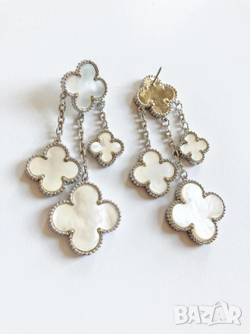 Луксозни дамски обеци с бели детелини – сребристи и златни, снимка 4 - Обеци - 52425204