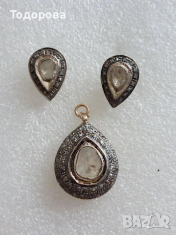 Сребро,злато-комплект обеци и медальон с огромни стари диамати, снимка 13 - Обеци - 52010737